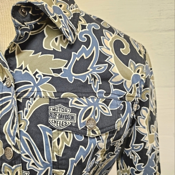 Harley Davidson Cotton Trucker Jacket in Blue and Green Paisley Size Small - Picture 3 of 9